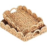ATEDIR Large Rectangle Serving Tray, 2-Pack Rattan Scalloped Tray with Handles, Wicker Trays for Decor, Hand-Woven Water Hyacinth Coffee Table Tray for Home Decoration