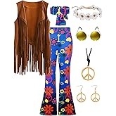 CICOCI 60s 70s Outfit For Women Hippie Costume 8pcs Fringe Vest Flared Pants Costume Peace Sign Necklace Earrings