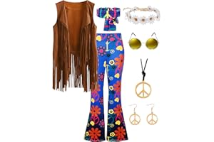 CICOCI 60s 70s Outfit For Women Hippie Costume 8pcs Fringe Vest Flared Pants Costume Peace Sign Necklace Earrings