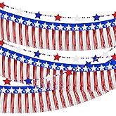 4th of July Decorations 2 Packs 39FT Patriotic Foil Fringe Garland,1 Pack 4.2FT Wooden Bead Garland, Red White Blue Patriotic Metallic Tinsel American Flag Banner of Halloween Party Independence Day