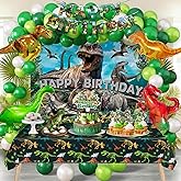 SPIGHTDEX Dinosaur Birthday Party Decorations Kit for Boys - Dino Party Supplies with Tablecloth, Banner, Backdrop, Cake Topper, Balloons & Stickers for Kids