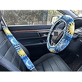 Handmade Crochet Sun and Moon Car Steering Wheel Covers Universal 14-15 inch for Women and Men (Steering Wheel Cover+2 Belt Cover)