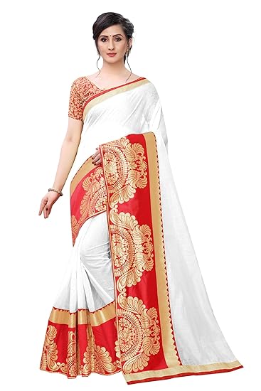 Womens Chanderi Cotton Silk Jacquard Lace Saree With Blouse Piece