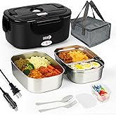 IXIIE Electric Lunch Box 80W Food Warmer for Work, 12V/24V/110V Portable Lunch Warmer for Adults with 2-Pack Stainless Steel Containers, Heated Lunch Box for Car/Truck/Office/Outdoors (Black+Black)