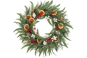 DN DECONATION 24 Inch Christmas Wreath for Front Door, Outdoor Winter Berry Eucalyptus Wreath with Dried Orange Slices, White Beads for Holiday Home Decor