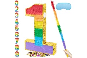 PCFING 20 Inch Number 1 Piñata Rainbow with 30 Inch Piñata Stick Blindfold Confetti for Boy Girl Kids Birthday Party Decorations, Anniversary Celebration, Fiesta