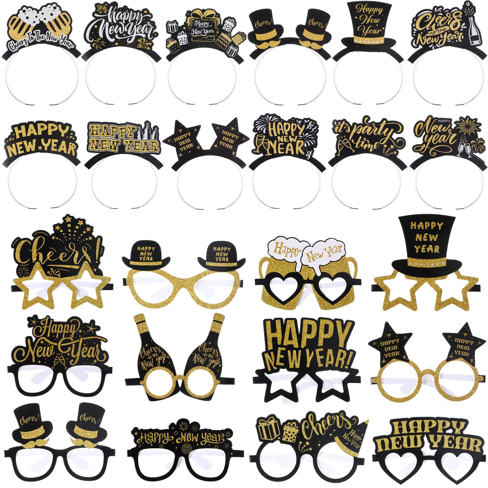 Harrycle 48 Pcs Happy New Year Party Favor 2026 Eyeglasses Headband Tiara Black Gold New Year Eve Party Supplies Decoration(Classic Style)