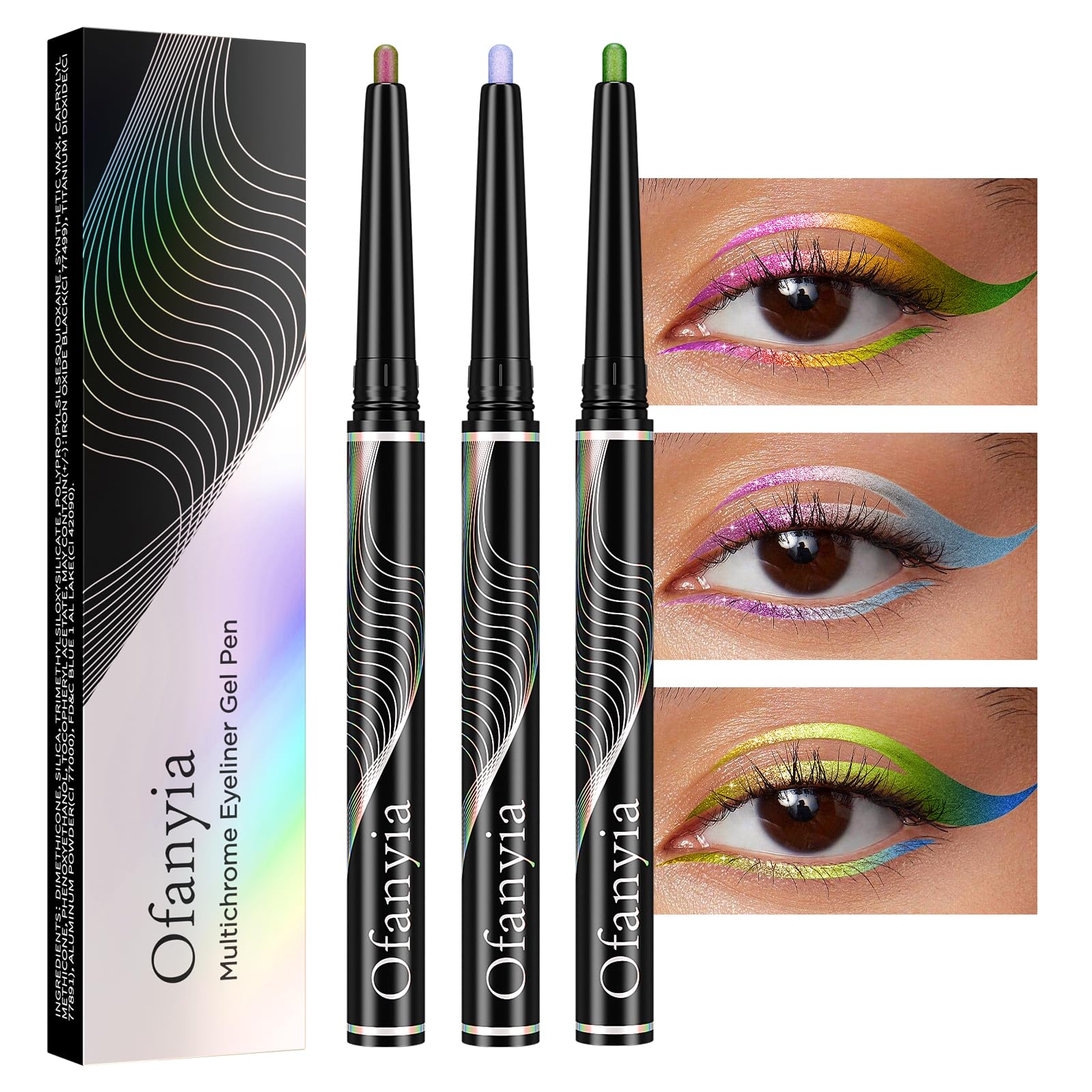 Ofanyia Multichrome Eyeliner Pencil - 3 Pcs Metallic Gel Eyeliner, Purple, Pale Pink, Green Shifting Colors, Waterproof, Smudge Proof