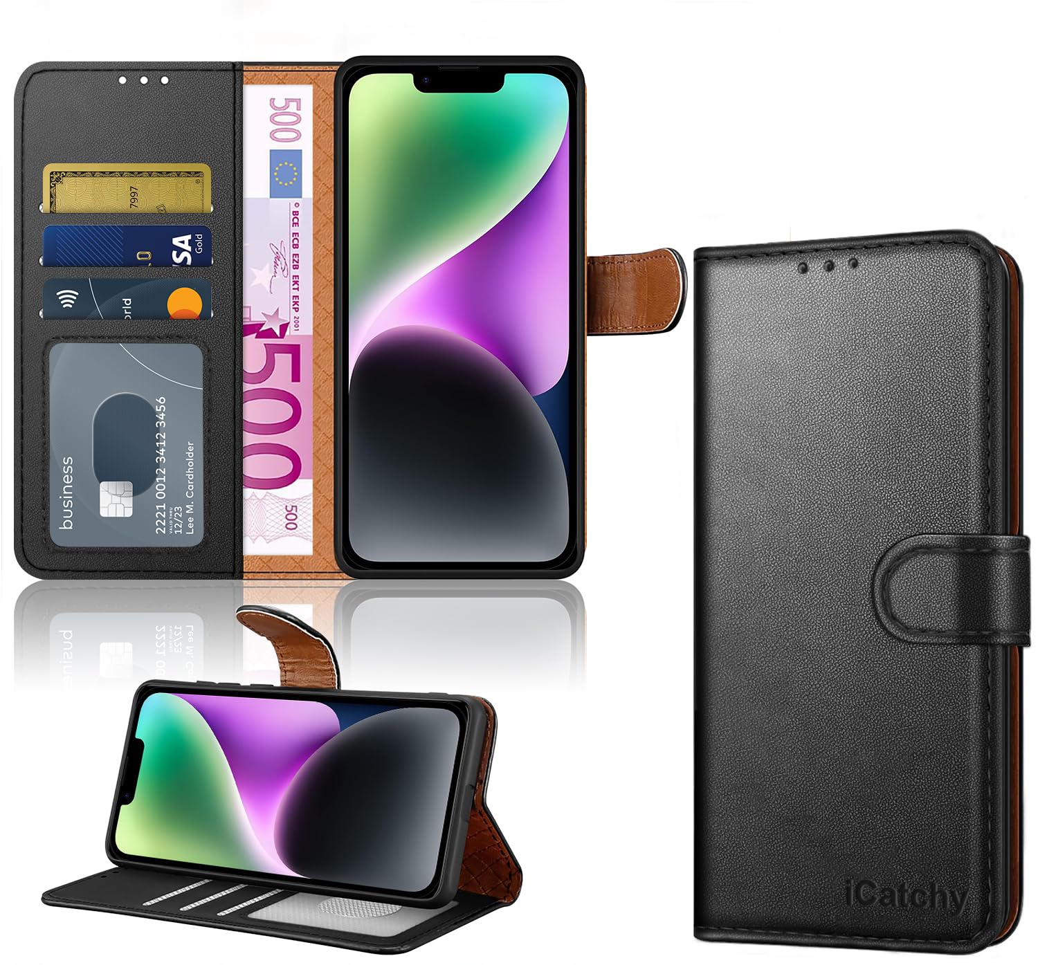 iCatchy iPhone 14 Case 6.1-Inch, Leather Wallet Book Stand view Magnetic Protect RFID Blocking Flip Cover Compatible with iPhone 14 (Black)