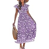 Benfoly Women's Summer Floral Midi Dress Smocked Waist V Neck Ruffle Sleeve Boho Tiered Sundress Casual Beach Vacation Outfit