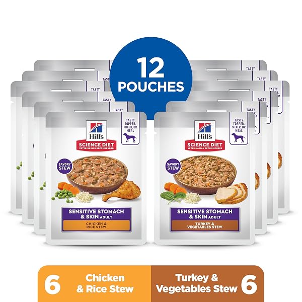 HILL’S SCIENCE DIET SENSITIVE STOMACH & SKIN, ADULT 1-6, STOMACH & SKIN SENSITIVITY SUPPORT, WET DOG FOOD, VARIETY PACK: CHICKEN, TURKEY STEW, 2.8 OZ POUCH, CASE OF 12