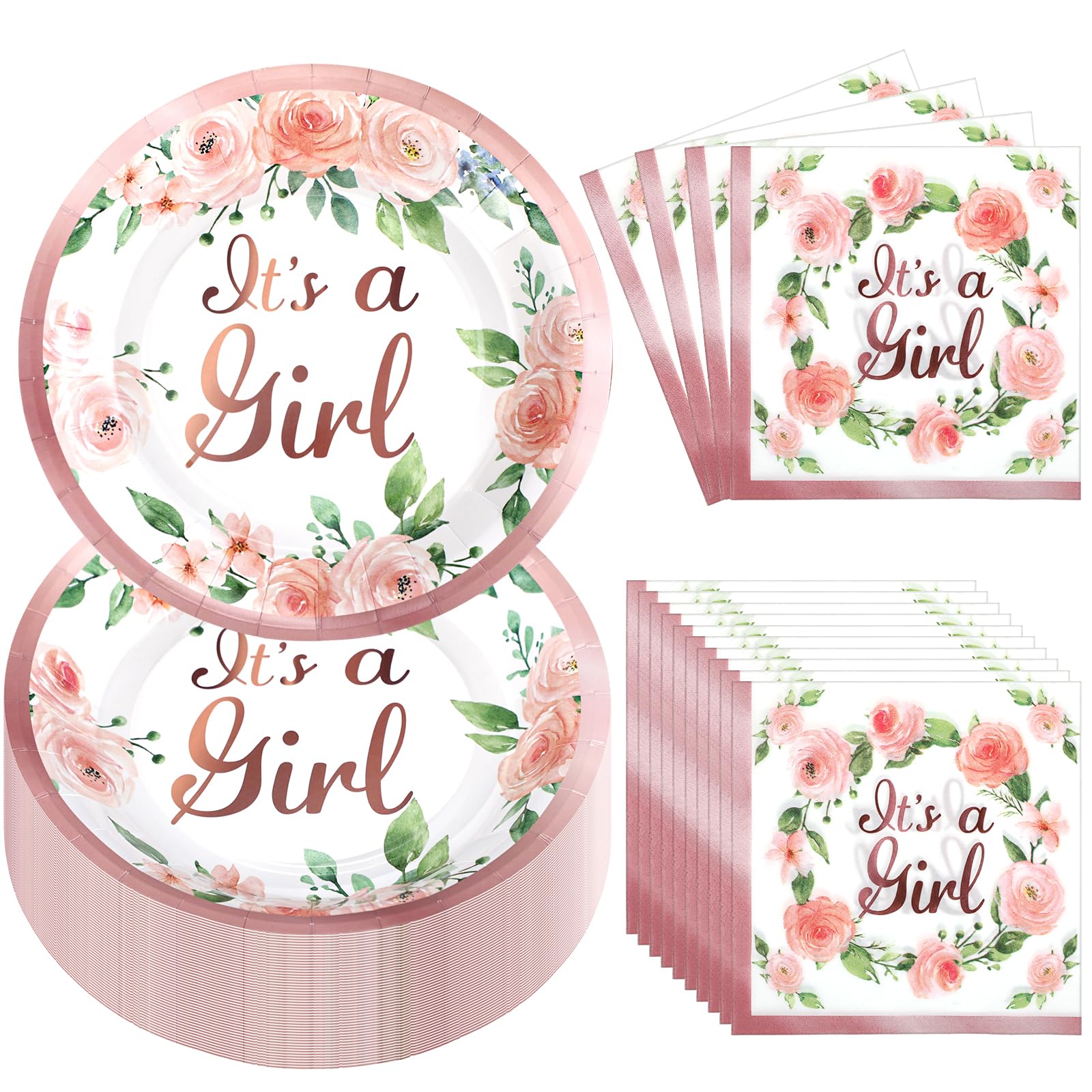 Photo 1 of Umigy 100 Pcs Baby Shower Decorations Set for 50 Guests Baby Shower Paper Plates and Napkins for Gender Reveal Disposable Utensils Tableware Birthday Party Supplies(It's A Girl)