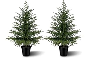 VITALISMO 3FT Artificial Norfolk Pine Trees 2-Pack, Real Touch Faux Cedar Topiary Set in Black Pots, Indoor Outdoor Fake Evergreen Plants for Tabletop, Desk, Shelf Decor