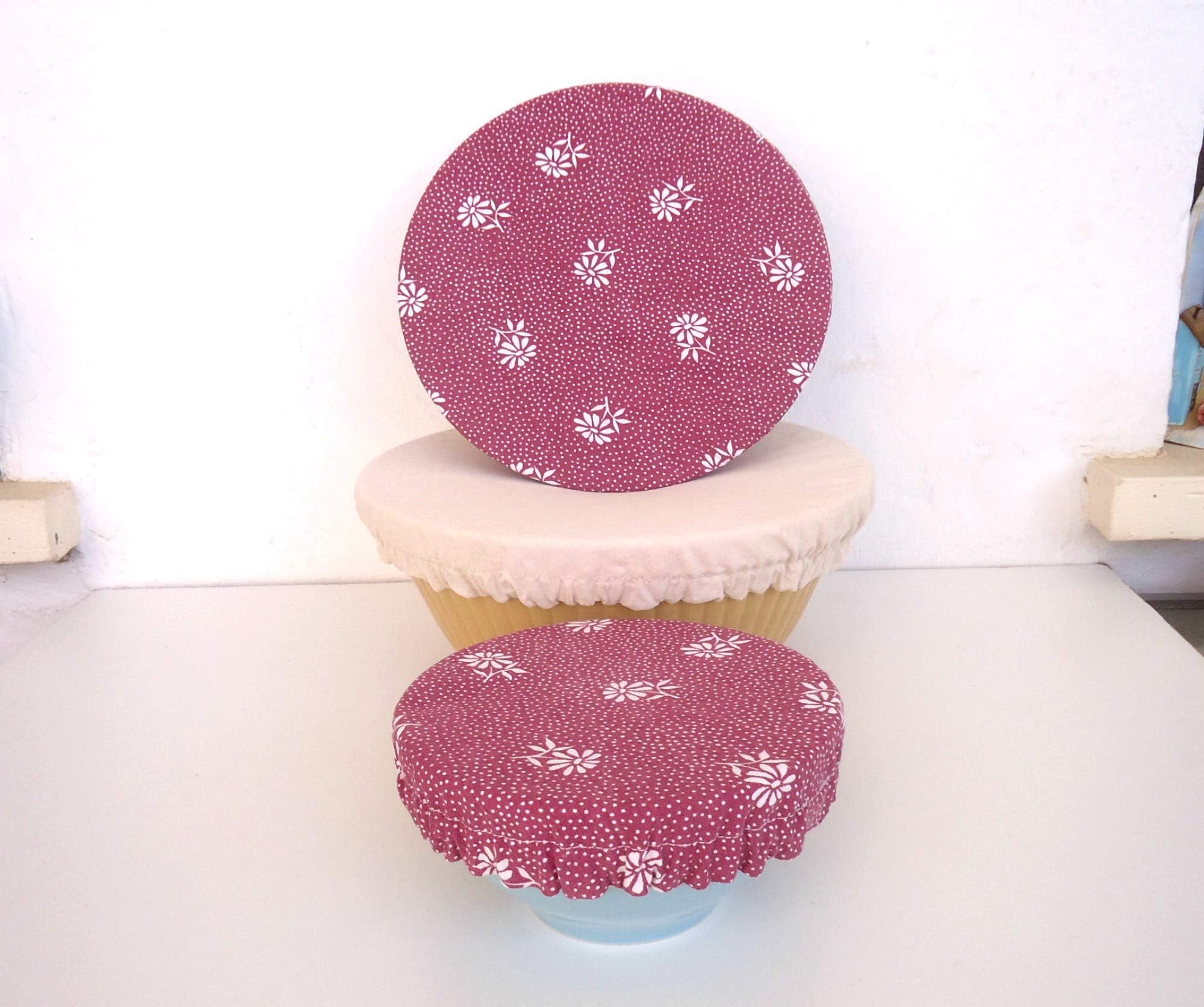 Bowl covers in washable and reusable fabric x 3, Reversible pink and cream cotton dish covers, Eco friendly kitchen food storage