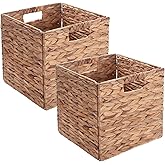Set of 2 Wicker Storage Basket, Woven Baskets for Storage, Foldable Wicker Storage Baskets for Shelves, Cube Storage Bin for Shelves, Water Hyacinth Laundry Organizer Square Baskets, 12''x12''x12''