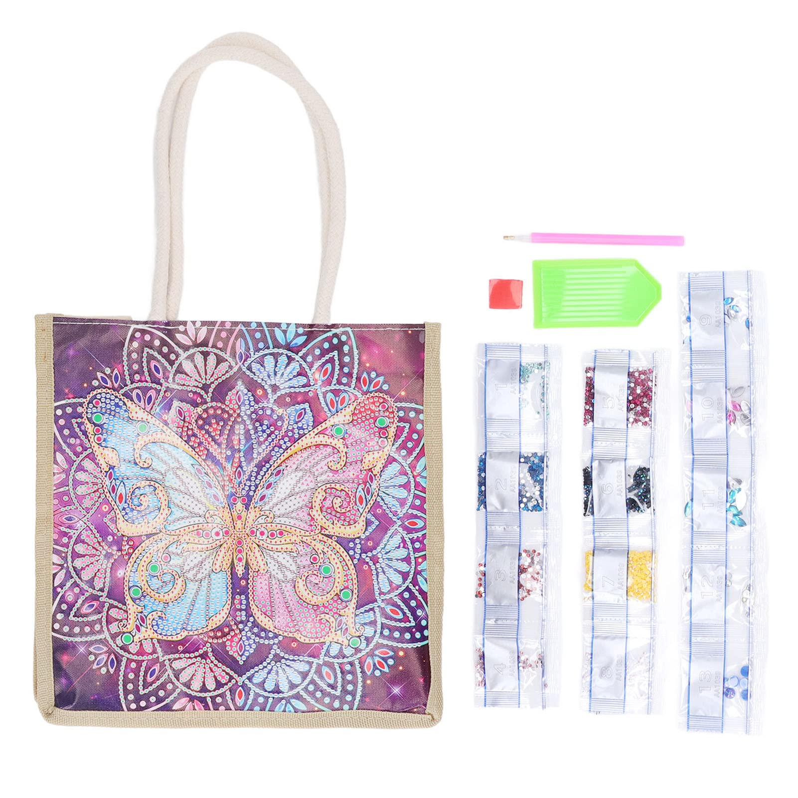 5D Rhinestone Tote Bag, Strong Stickiness Butterfly Pattern Literary Tote Bag for Craft Lovers Colorful DIY Rhinestones Kit for Art Enthusiasts
