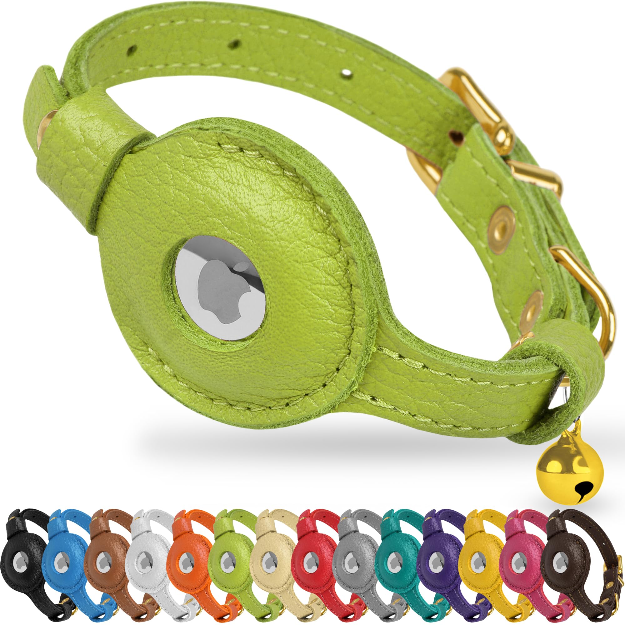 OOPSDOGGY Cat Collar with Bell for AirTag - Non Breakaway Leather Kitten Collar with Apple Air Tag Holder - Lightweight Integrated GPS Pet Collars for Girl Boy Cats, Small Dogs, Puppies (Lime Green)