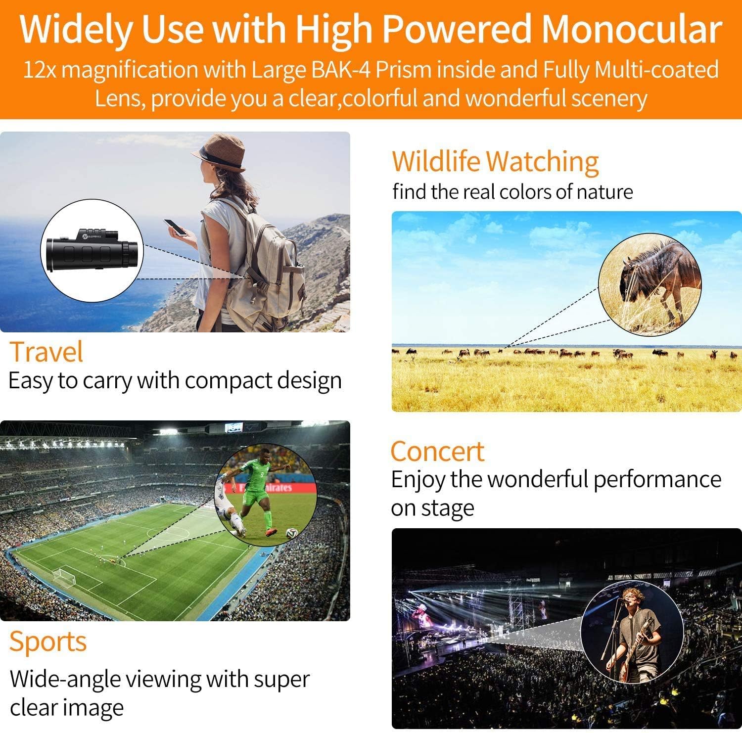 Monocular Telescope - 12X50 High Definition FMC BAK4 【HD Monocular for Bird Watching】 with Smartphone Holder & Tripod IPX7 Waterproof & Eco-Friendly Materials for Camping Travelling Hunting (Black) : Camera & Photo