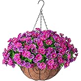 Ammyoo Artificial Hanging Flowers with Basket, Faux Silk Petunias Flower Arrangement, Coconut Lining with Morning Glories Fake Plants Patio Garden Porch Deck Spring Summer Decor(Lotus and Fuchsia)
