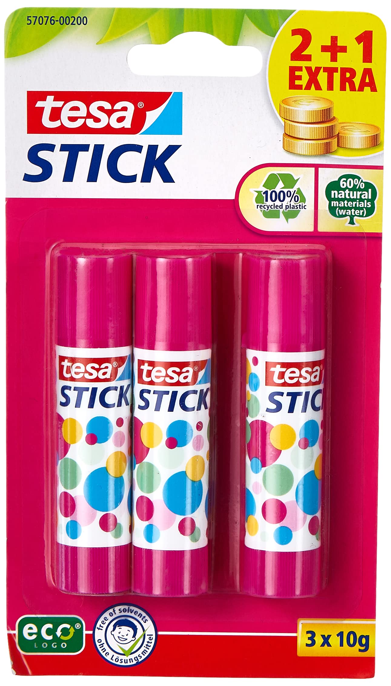 tesa Glue Stick - Odourless Craft Glue Stick for Paper and Cardboard - Solvent-Free and Environmentally Friendly - 3 x 10 g, pink