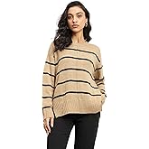 Salt Attire Penelope Beige & Black Wool Sweater – 100% Wool, Striped Knit, Round Neck, Full Sleeves, Cozy & Machine Washable