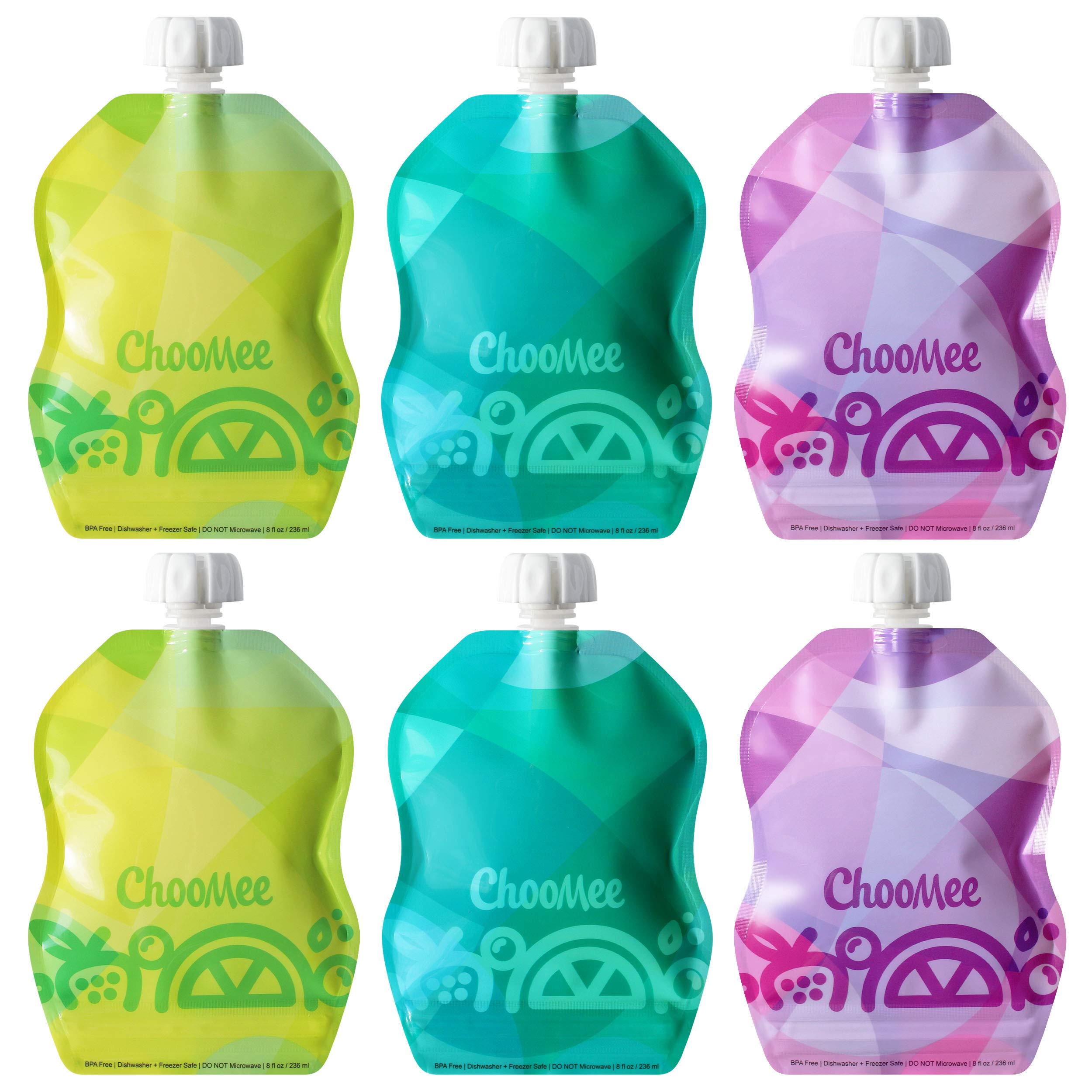 ChooMee Reusable Baby Food Pouches | BPA Free Leak-proof Toddler Squeezy Pouches for Smoothies, Purées & Baby Food | Refillable, Double Zipper, Easy Clean, Wide Bottom | 6 Pack, 230 ml TropiColor