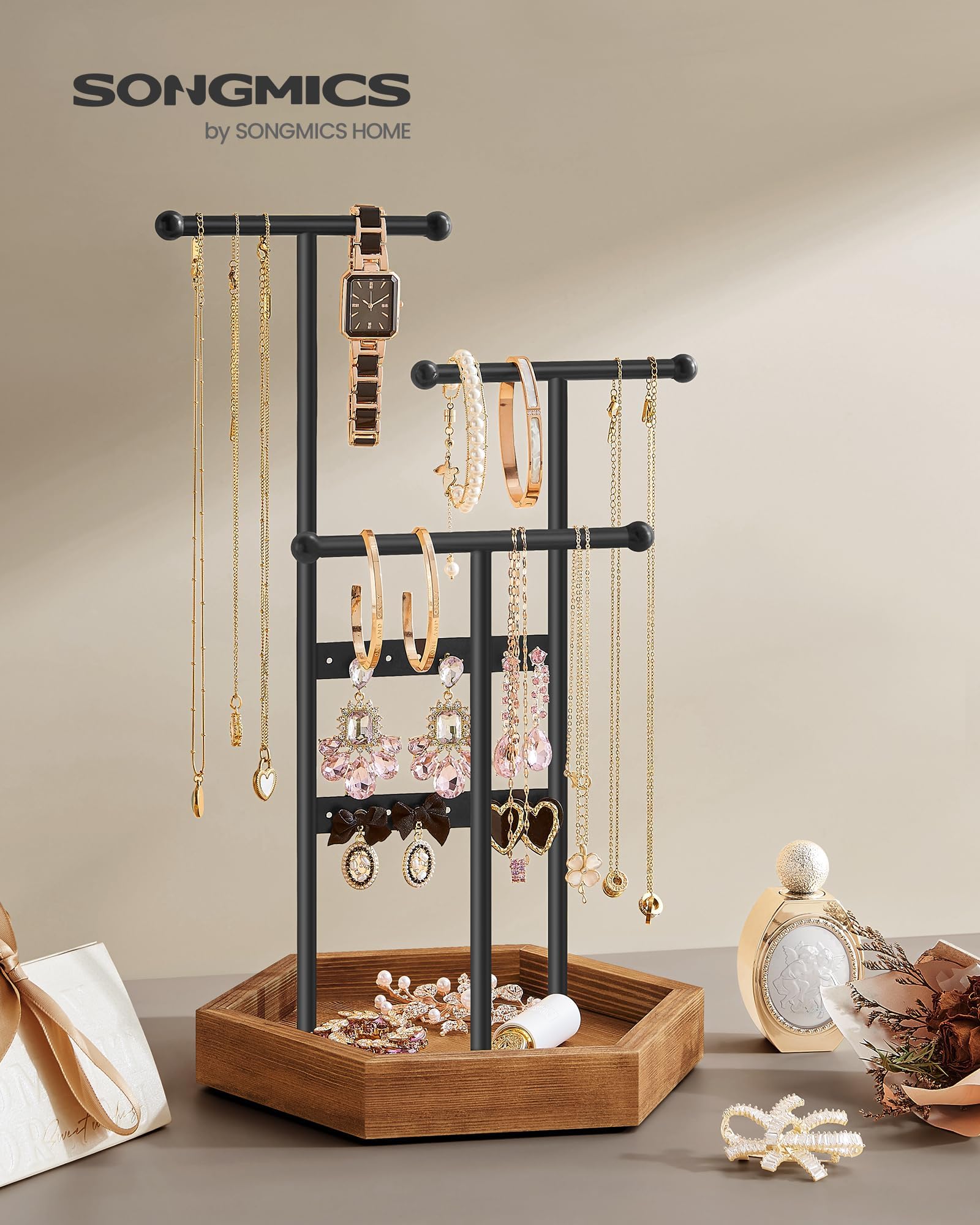 SONGMICS Jewelry Holder, Jewelry Organizer, 3 Tiers and 1 Tray, Jewelry Display Stand with Metal Frame, Necklace Earring Bracelet Holder, for Rings, Christmas Gift, Ink Black and Caramel Brown