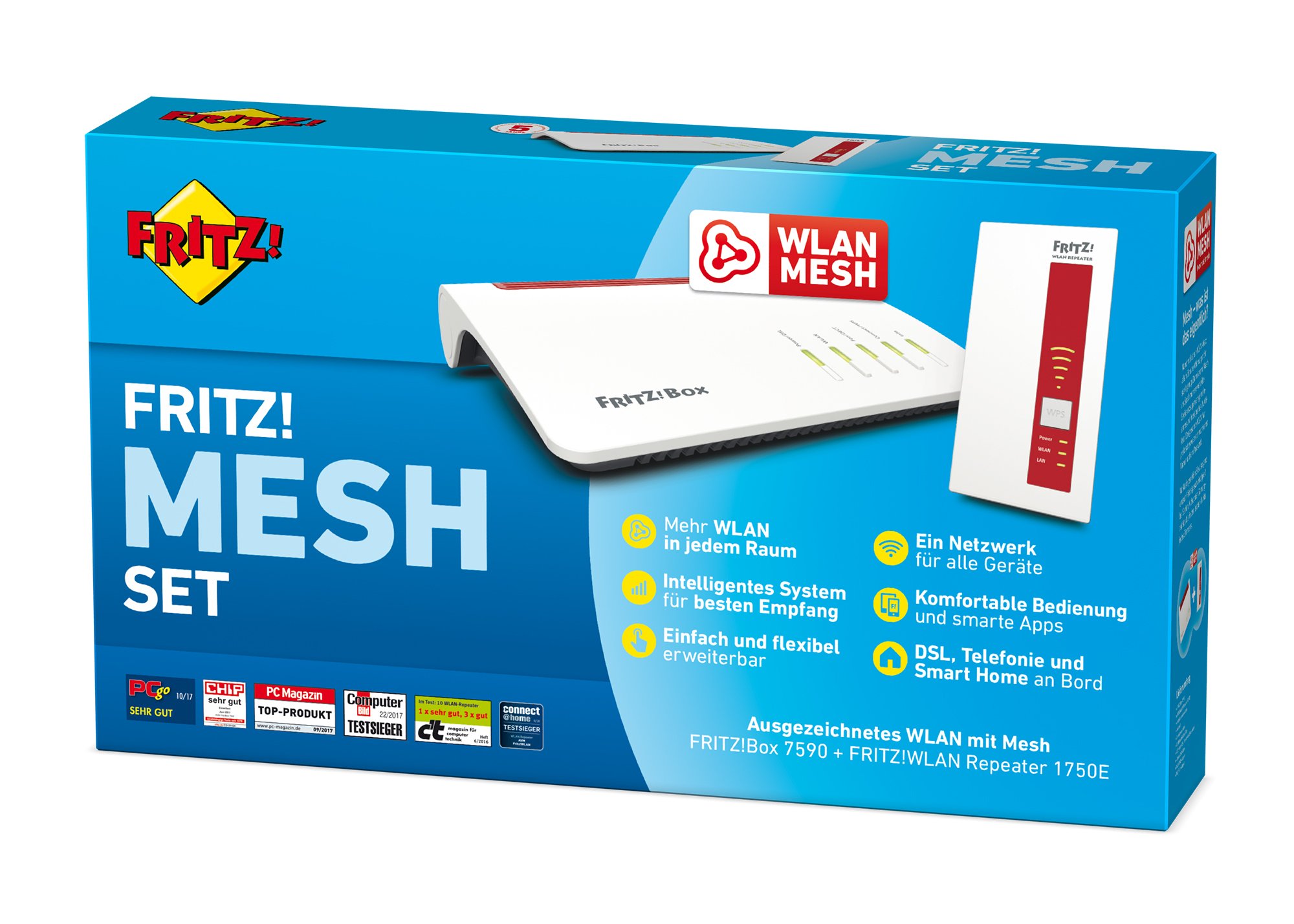 AVM Fritz Mesh Set (mit Fritz Box 7590 und WLAN Repeater 1750E, Dual-WLAN AC bis 1.733 MBit/s (5 GHz) und N bis 800 MBit/s (2,4 GHz), bis 300 Mbit/s durch VDSL-Supervectoring 35b, deutschspr. Version)