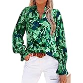 MASCOMODA Womens V Neck Floral Long Sleeve Tops 2026 Summer Casual Loose Puff Sleeve Chiffon Boho Work Blouse Dressy T Shirts