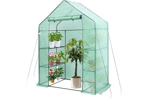 Greenhouse, Hanience Walk-in Greenhouse with Anchors and Ropes, 3 Tier 4 Wired Shelves Indoor and Outdoor Greenhouse for Garden/Patio/Backyard/Balcony, Green PE Cover Easy to Assemble