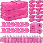 Chicingyou 36 Pcs Sleepover Party Supplies for Girls Including Warm Flannel Blanket Fuzzy Socks Ribbon and Gift Bag for Sleeping Slumber Spa Birthday Party Gift Favor(Rose Red)