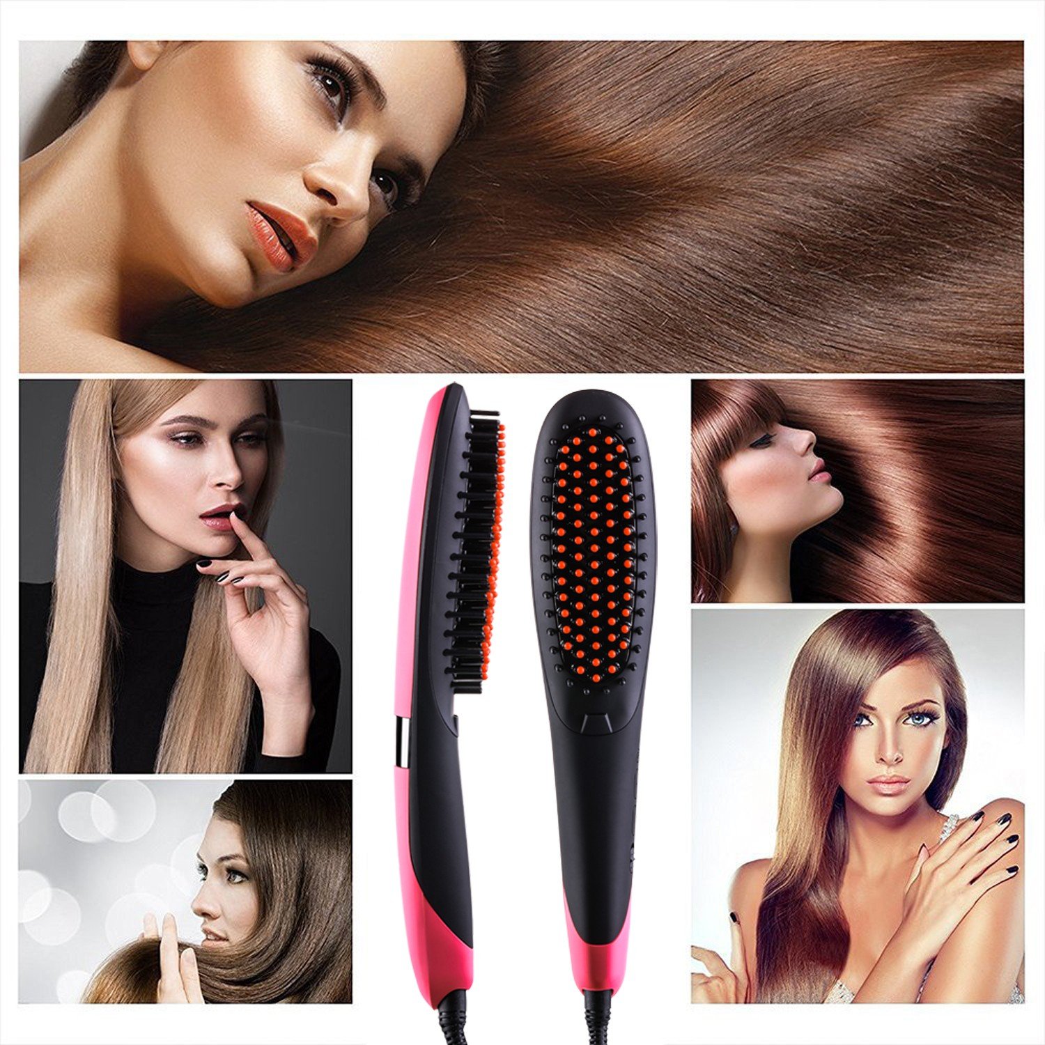 Hair Straightener Brush, INMISS Electric Ionic Ceramic Hair Straightening Brush with Auto Shut Off Temperature Lock Function - Pink