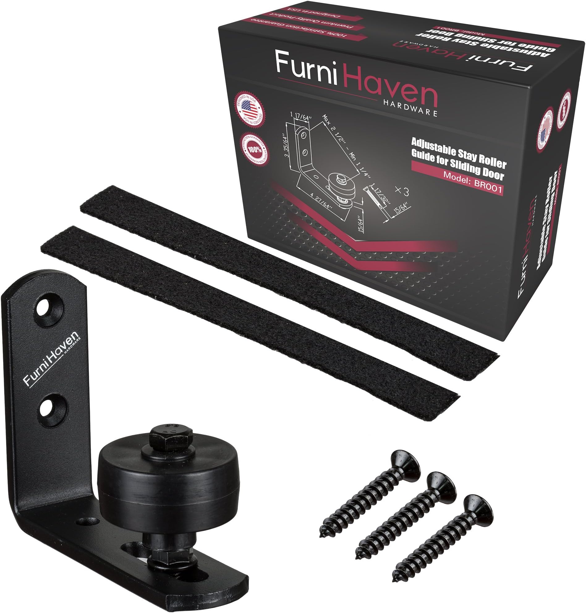 Unique Floor Stay Roller Guide Kit for Bottom of Sliding Barn Door Hardware by Furni Haven | Adjustable | Black Powder Coated | Wall Mount | Smooth Roll & Durable Steel Frame | Scratch Protection