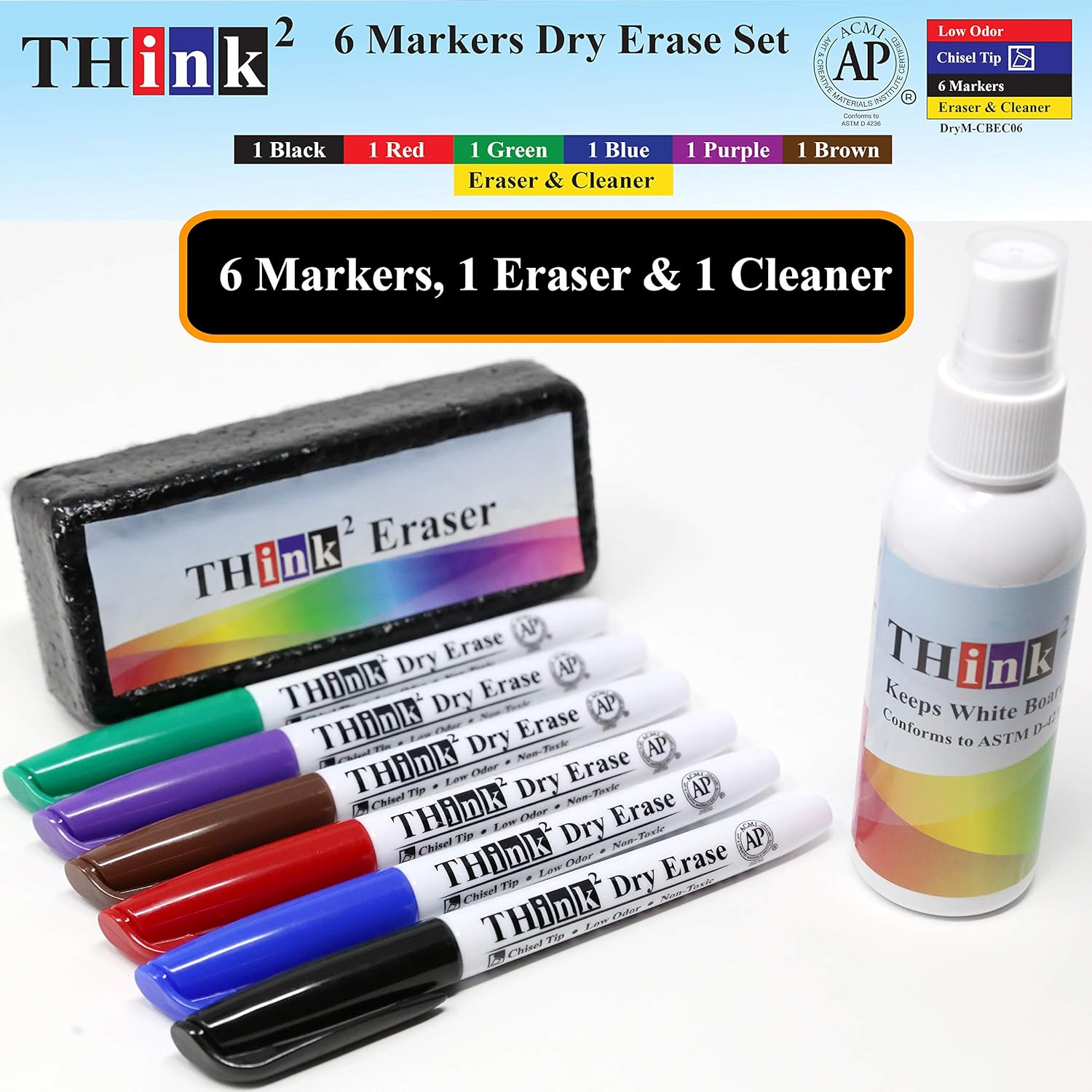 [6 Color Dry Erase Markers] Think2 Chisel Tip Markers with Eraser & Cleaner Set. (1 Black, 1 Red, 1 Blue, 1 Green, 1 Purple, 1 Brown) AP Certified German Ink. For Kids, Classroom, Office, Home : Office Products