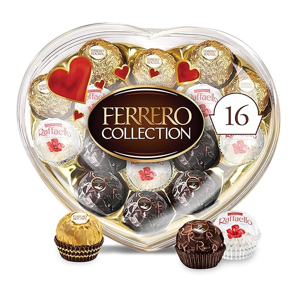 FERRERO COLLECTION VALENTINE’S DAY HEART GIFT BOX, 16 ASSORTED HAZELNUT, DARK CHOCOLATE AND COCONUT TREATS, 6.1 OZ