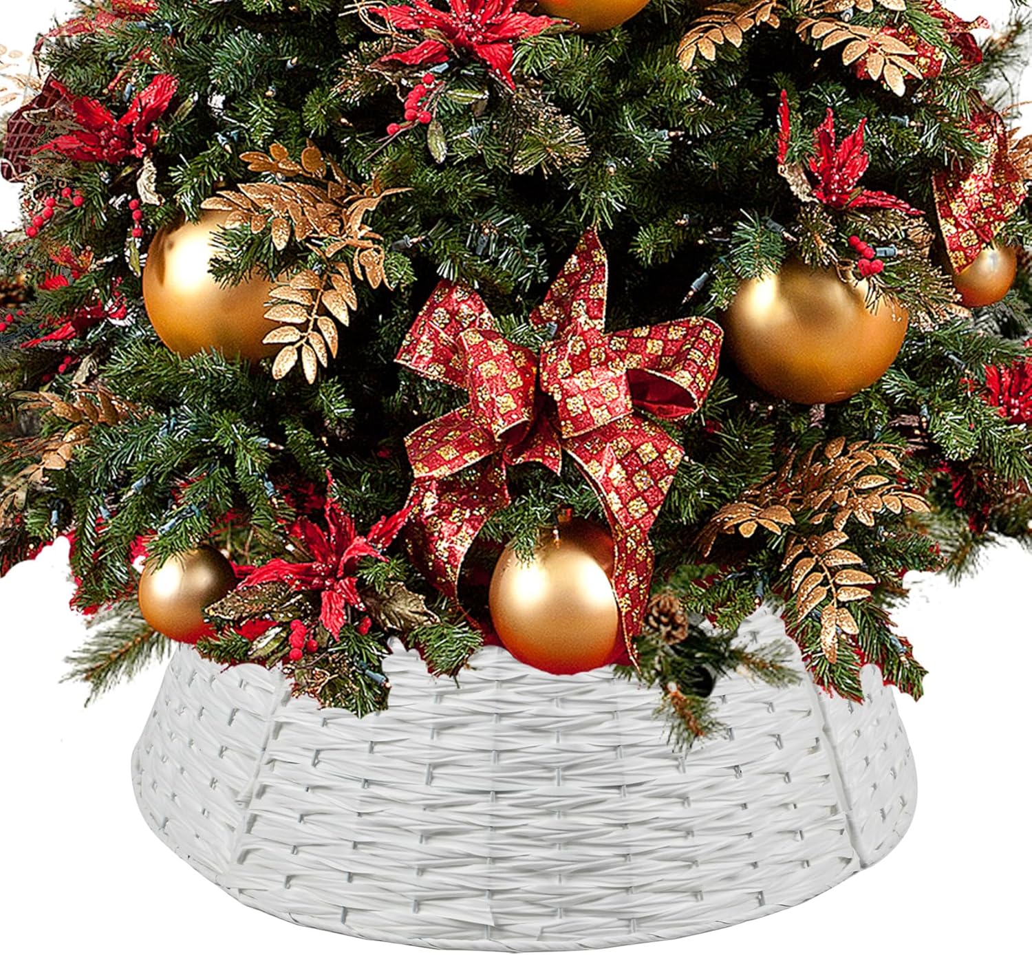 Tree Stands - Christmas Tree Collar 23'' D Handmade Artificial Rattan Wicker Tree Collar Basket Christmas Woven Tree Ring Stand Base Cover for Holiday Decoration-Round White