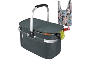 Tirrinia Large Insulated Picnic Basket, 34L Water-Resistant & Leakproof Collapsible Portable Cooler Basket with Aluminium Handle for Travel, Shopping, Camping, Attach with a Foldable Grocery Bag, Grey