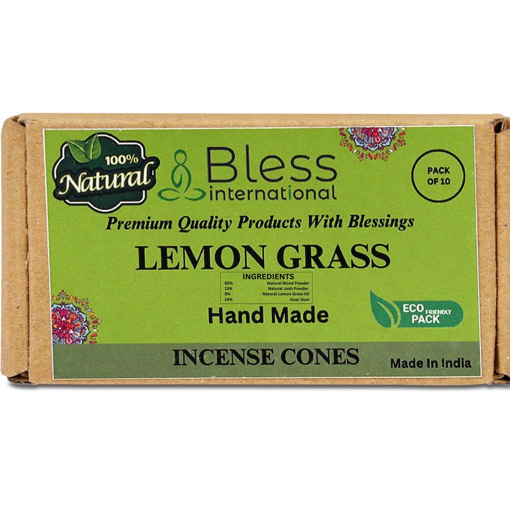 Bless International Lemon Gras 100%-Natural-Incense-Cones Handmade-Hand-Dipped Organic-Chemicals-Free for-Purification-Relaxation-Positivity-Yoga-Meditation The-Best-scents (10 Count)