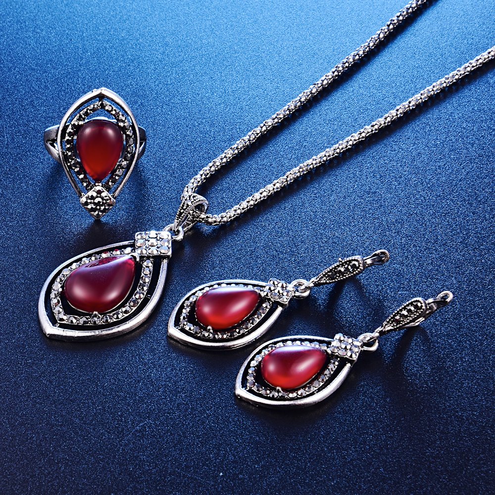 Vintage Women Fashion Red Resin Pendant Necklace Jewelry Set Long Chain Silver Chain Necklace - Red+Ring#9