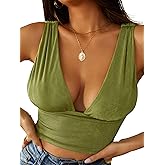 LYANER Women's Sexy Deep V Neck Slim Fitted Strap Crop Cami Tank Sleeveless Top