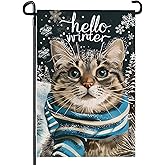 Hello Winter Garden FLag 12X18 IN Double Sided Cat Garden Flags for Christmas Holiday Farmhouse Yard Outside Decoration