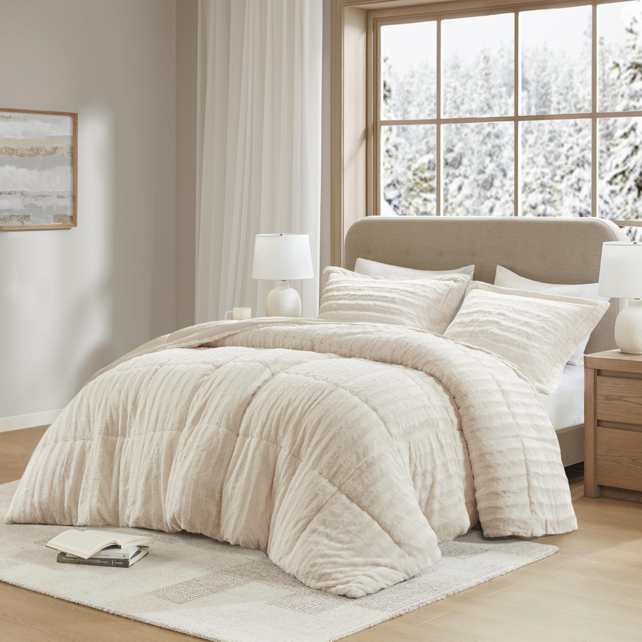 Madison Park Duke Luxe Faux Fur Reversible Comforter Set, Soft Plush Reverse, Modern Down Alternative Filling Cozy Bedding, Box Quilted Warm Cover, Matching Shams, Full/Queen, Champagne 3 Piece Image Madison Park Duke Luxe Faux Fur Reversible Comforter Set, Soft Plush Reverse, Modern Down Alternative Filling Cozy Bedding, Box Quilted Warm Cover, Matching Shams, Full/Queen, Champagne 3 Piece Image