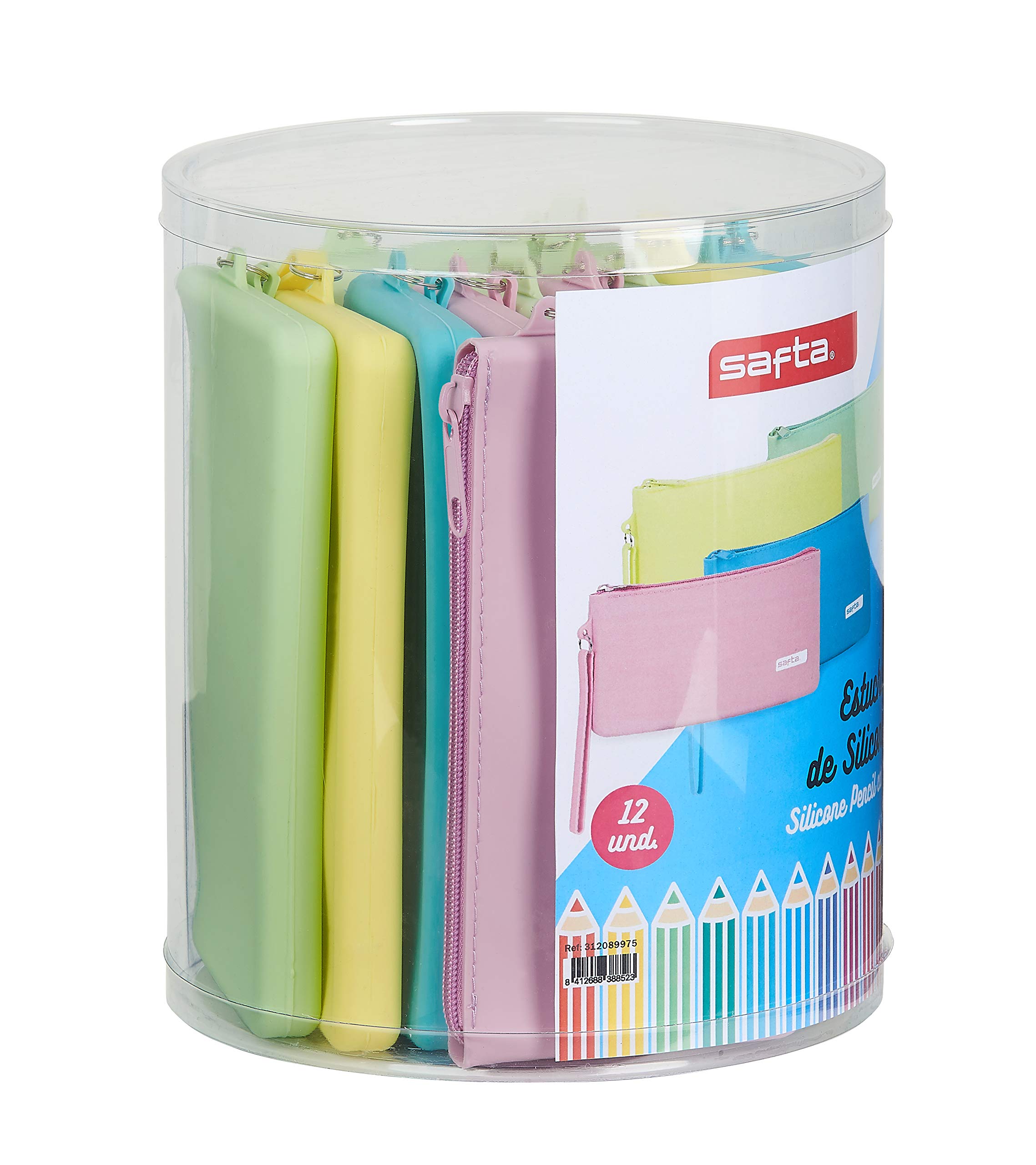 Safta Set 12 Flat Silicone Pencil Case Assorted, 195x230 mm, Blue, M, Juvenile