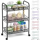 TOOLF 3-Tier Metal Rolling Cart, Mesh Wire Easy Assemble Utility Cart, Storage Trolley on Wheels with 3 Hooks, MetalStorage Shelving Units for Kitchen Bathroom Laundry Room