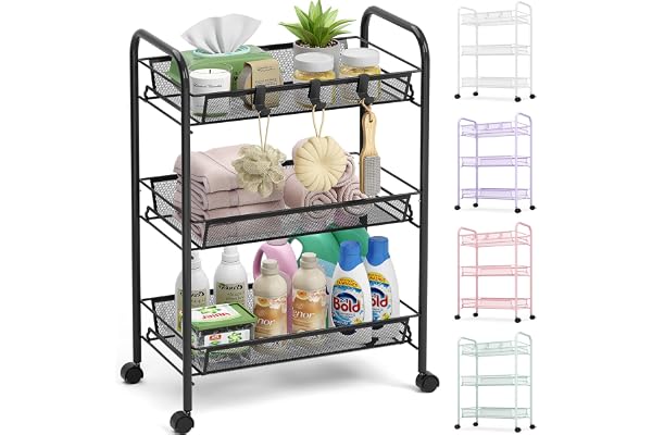 TOOLF 3 Tier Rolling Cart, Metal Utility Storage Cart with Wheels, Black | With 3 Hooks, Screwless Assembly, Lockable Wheels,