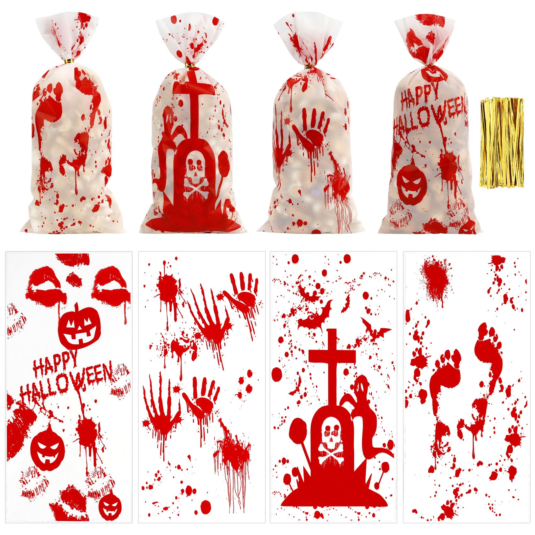 Photo 1 of 100 PCS Halloween Cellophane Treat Bags(5x11 Inch) with Ties Horror Ghost Blood Theme Trick or Treat Bag Goodie Candy Gifts Bags Pouches for Halloween Wicked Party Favors Supplies Birthday Decorations