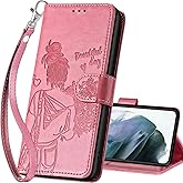 SASYMALY for Samsung Galaxy S22 Wallet case, Flip Folio Cover with Stand Feature for Women Men, PU Leather Phone Case Fit for Samsung Galaxy S22 6.1'' [Pink-Girl]
