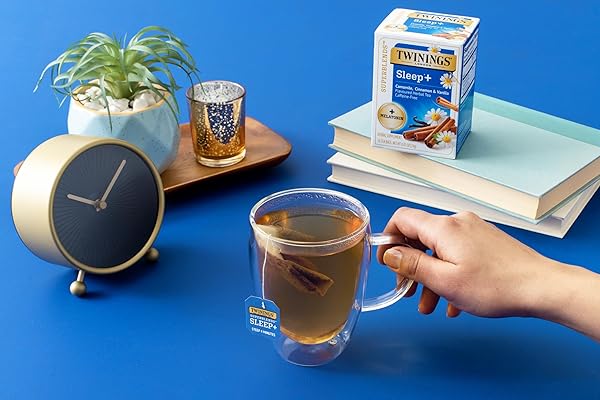 TWININGS SUPERBLENDS SLEEP+ HERBAL TEA WITH 1MG MELATONIN, CAMOMILE, CINNAMON & VANILLA, NATURALLY CAFFEINE-FREE, 16 COUNT (PACK OF 6), 96 TEABAGS
