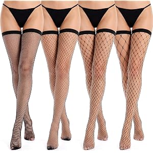 Matwsec 4 Pairs Black Fishnet Thigh Highs, Fishnet Stockings | Fishnet Socks Plus Size Breathable Mesh Fishnet Tights for Wom