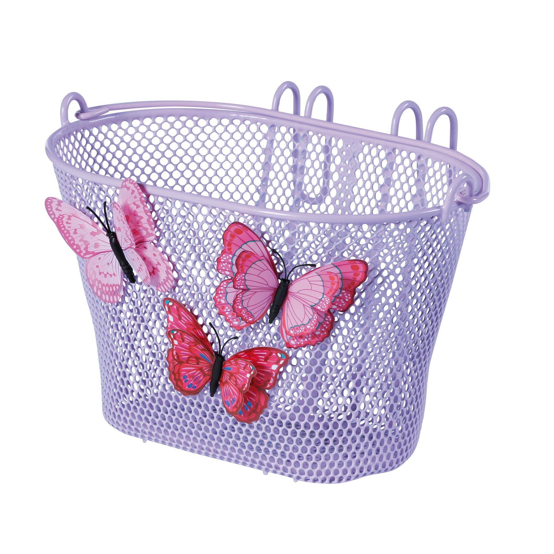 Basil Jasmin Butterfly Basket Front Wheel Children's Basket with Three Colourful Butterflies - Secure Handlebar Hooks in Double Design Rear Wheel - Purple